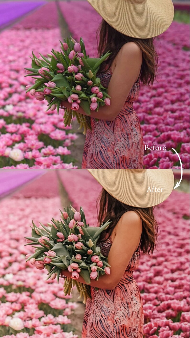 May include: A woman wearing a straw hat and a pink and white patterned dress holds a bouquet of pink tulips in a field of pink flowers. The image shows the difference between a before and after photo edit.