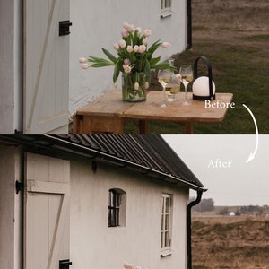 Op de afbeelding: Een wit boerderijtje met een houten deur en ramen. Een tafel met een vaas met roze tulpen, twee wijnglazen en een witte globe lamp met een zwarte handgreep staat buiten. De tekst "Voor" en "Na" staat op de afbeelding.