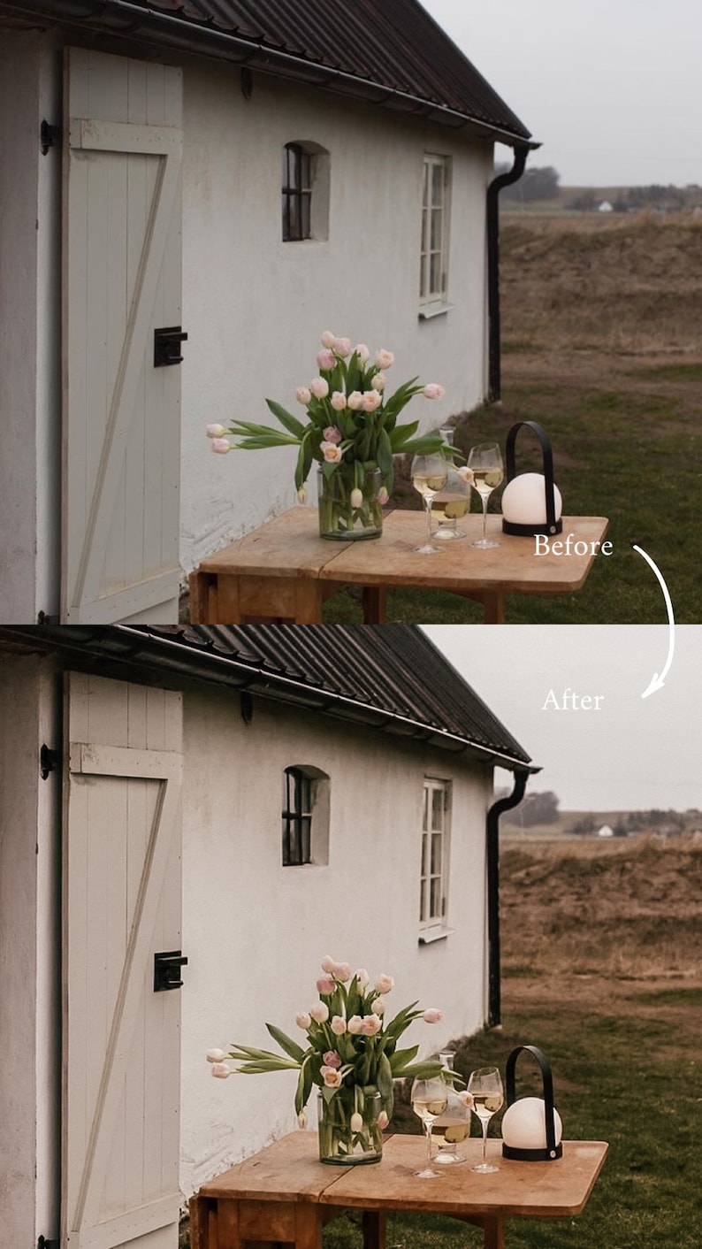 Op de afbeelding: Een wit boerderijtje met een houten deur en ramen. Een tafel met een vaas met roze tulpen, twee wijnglazen en een witte globe lamp met een zwarte handgreep staat buiten. De tekst "Voor" en "Na" staat op de afbeelding.