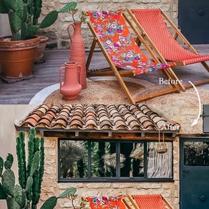 May include: Two orange lounge chairs with floral patterned cushions sit on a patio with terracotta pots and a cactus plant. The chairs are positioned in front of a stone building with a tiled roof. The text "Before" and "After" are written on the image.