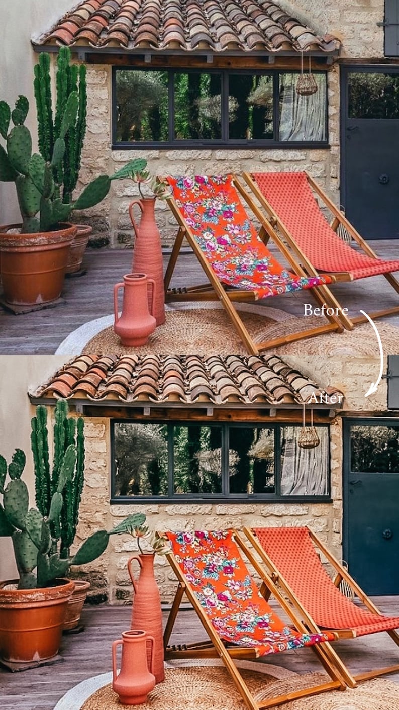 May include: Two orange lounge chairs with floral patterned cushions sit on a patio with terracotta pots and a cactus plant. The chairs are positioned in front of a stone building with a tiled roof. The text "Before" and "After" are written on the image.