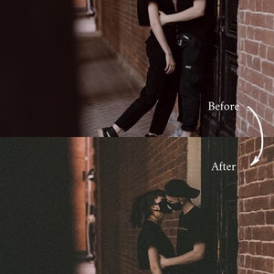 May include: A couple wearing black face masks and clothing stand close together in a brick alleyway. The man is wearing a black baseball cap and the woman has her hair pulled back in a ponytail. They are standing in front of a black door.