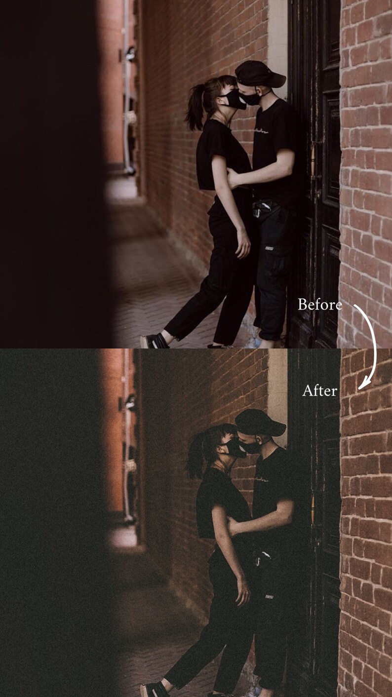 May include: A couple wearing black face masks and clothing stand close together in a brick alleyway. The man is wearing a black baseball cap and the woman has her hair pulled back in a ponytail. They are standing in front of a black door.