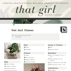 Ultimate 2025 Notion &quot;That Girl&quot; Planner Template, Personal Digital Notion Dashboard, Aesthetic Notion Organizer, Habit & Routine Tracker