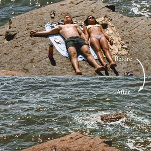 May include: Two people are lying on a towel on a rocky surface near the water. The people are wearing swimsuits and are sunbathing. The water is blue and there are waves.