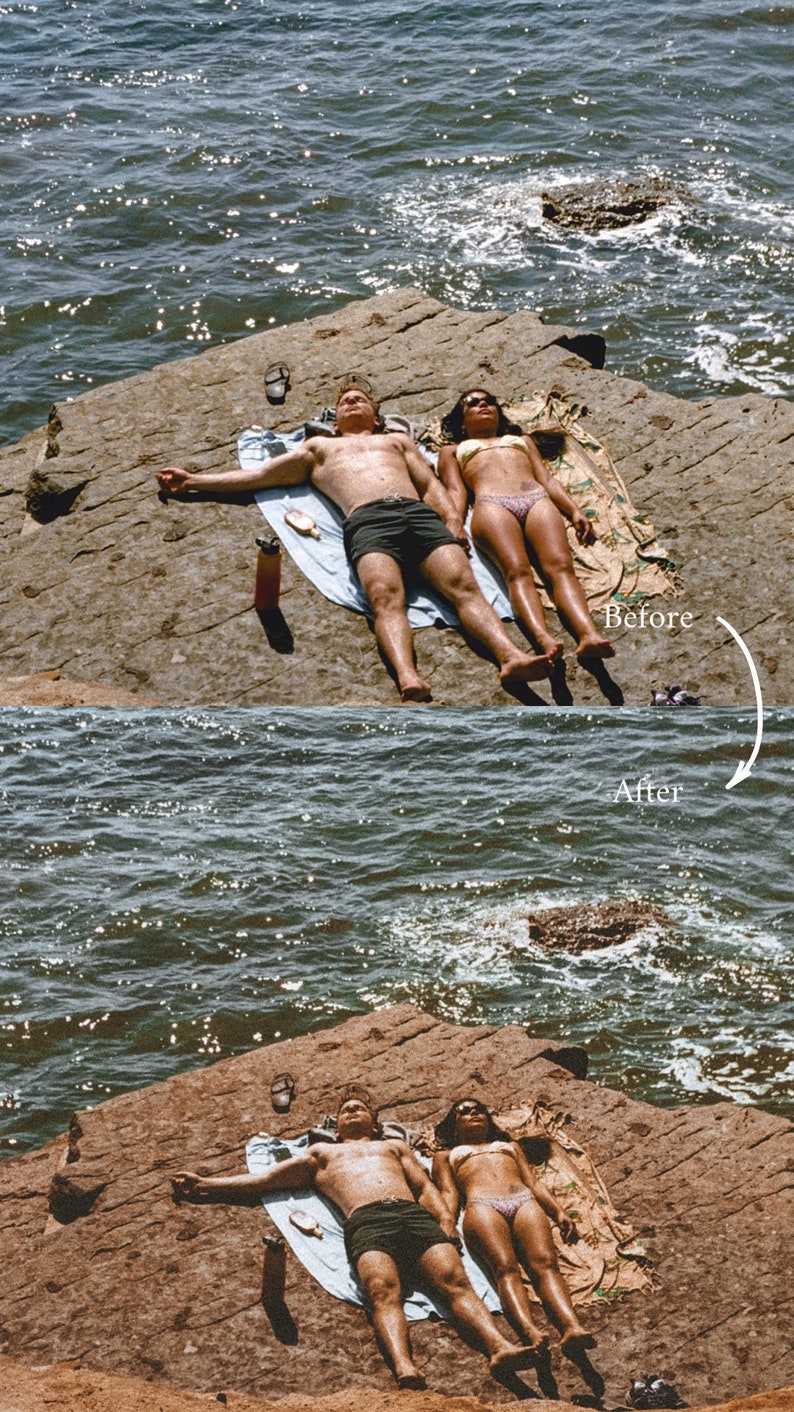 May include: Two people are lying on a towel on a rocky surface near the water. The people are wearing swimsuits and are sunbathing. The water is blue and there are waves.