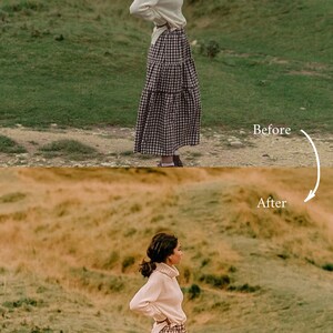 May include: A woman wearing a white turtleneck sweater and a brown and white gingham skirt stands on a path in a grassy field. The image shows a before and after edit of the photo, with the "after" image having a warmer color tone.