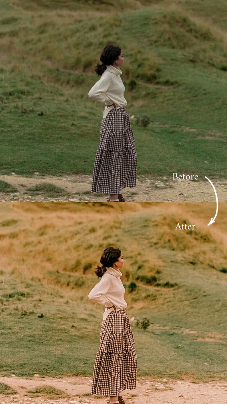 May include: A woman wearing a white turtleneck sweater and a brown and white gingham skirt stands on a path in a grassy field. The image shows a before and after edit of the photo, with the "after" image having a warmer color tone.