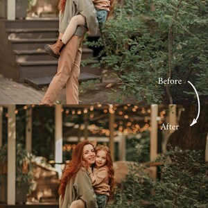 May include: A woman and a young girl are standing in front of a green bush. The woman is holding the girl in her arms. They are both smiling and looking at the camera. The woman is wearing a green sweater and brown pants. The girl is wearing a beige sweater and blue jeans.