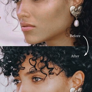 May include: Before and after photo of a person with curly hair wearing heart-shaped earrings with a pearl drop. The photo on the left shows the person with a more natural look, while the photo on the right shows the person with a more polished look.
