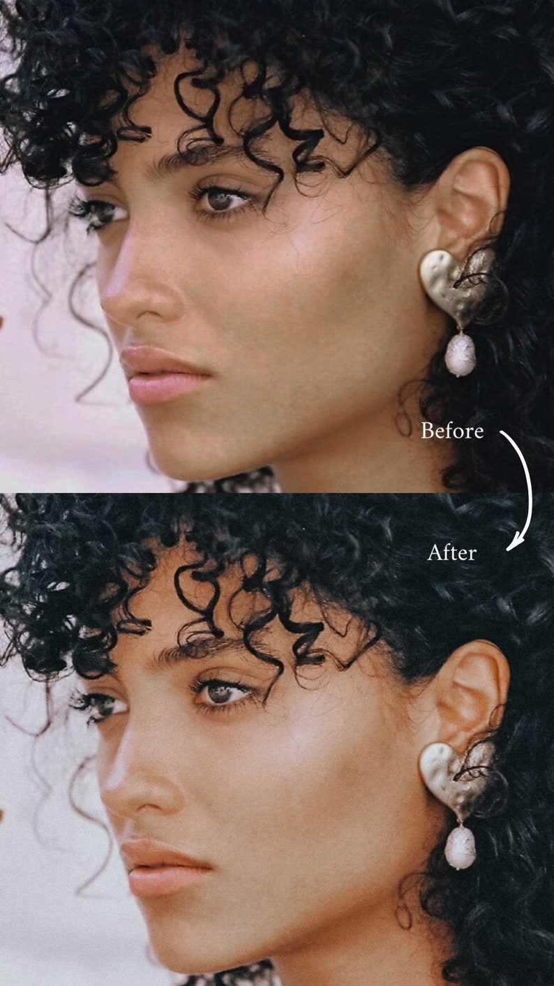 May include: Before and after photo of a person with curly hair wearing heart-shaped earrings with a pearl drop. The photo on the left shows the person with a more natural look, while the photo on the right shows the person with a more polished look.