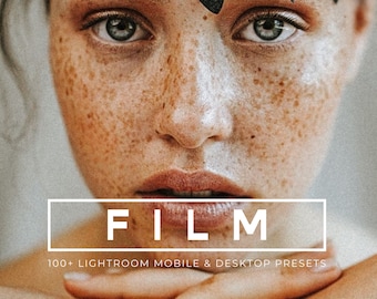 Puede incluir: Primer plano de la cara de una mujer con pecas, mirando directamente a la cámara. El texto "FILM" está en un rectángulo blanco con el texto "100+ LIGHTROOM MOBILE & DESKTOP PRESETS" debajo.