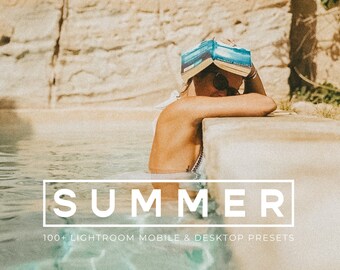 Op de afbeelding: Een vrouw in een witte badpak ontspant in een zwembad met een boek op haar hoofd. De tekst "SUMMER" wordt weergegeven in een witte rechthoek met de tekst "100+ LIGHTROOM MOBILE & DESKTOP PRESETS" eronder.
