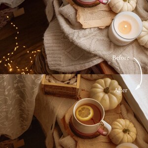 May include: A cozy autumn scene with a cup of tea with a lemon slice, a white candle, and white pumpkins on a knitted blanket. The text "Before" and "After" are written on the image.