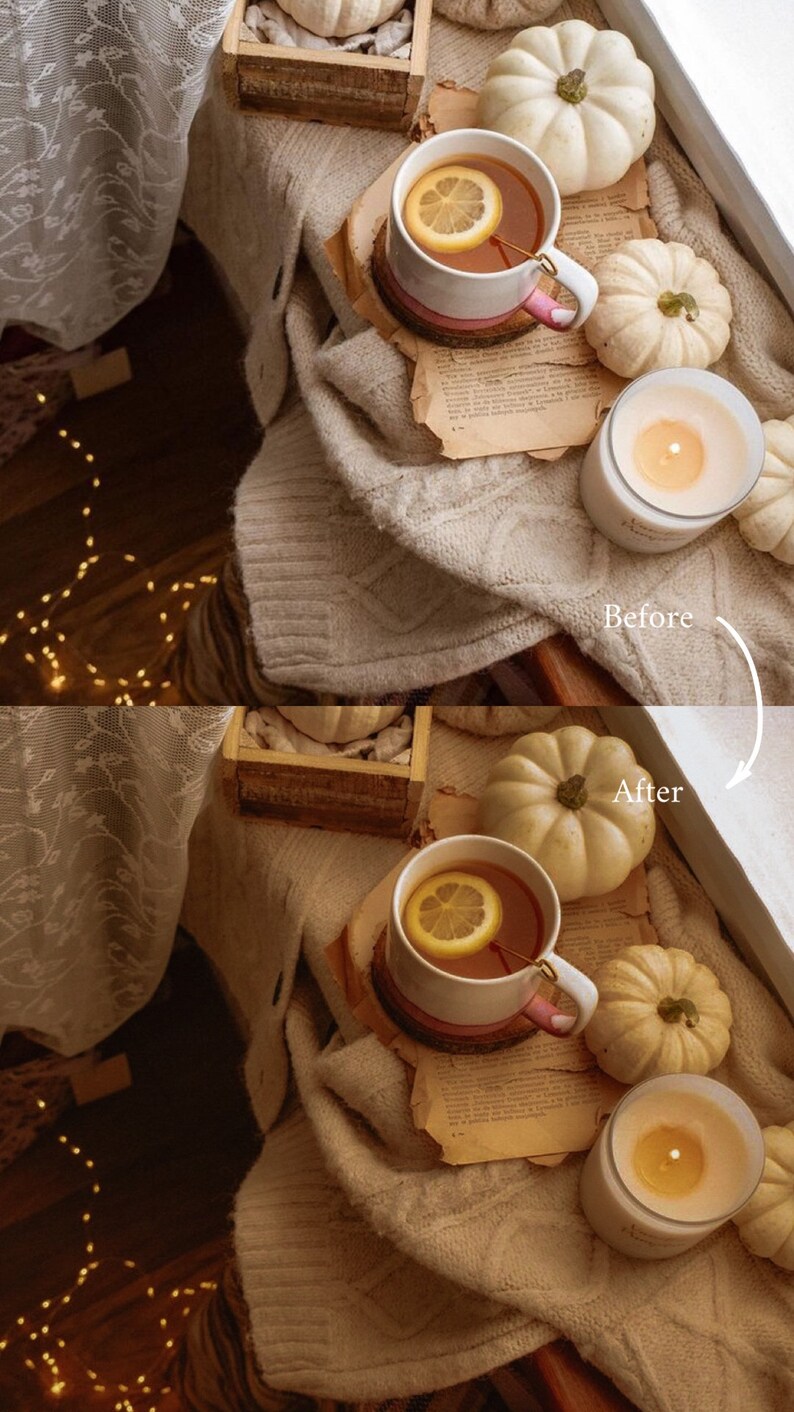 May include: A cozy autumn scene with a cup of tea with a lemon slice, a white candle, and white pumpkins on a knitted blanket. The text "Before" and "After" are written on the image.
