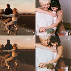 May include: Two people are hugging each other. The person in the front is holding a knife and cutting a head of broccoli. The person in the back is wearing a white shirt and the person in the front is wearing a brown shirt.