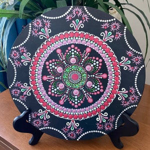 Black and Pink Mandala Dot Art Mindfulness Wooden Plate, Spiritual Painting, Meditation Wall Hanging