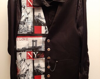 Gilet mixte original un côté uni noir et un coté imprimé version New York, gilet revalorisé, gilet sans manche unique fait main en Isère.