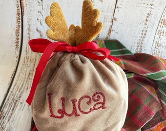 Christmas Reindeer Bag | Velvet Reindeer Bag | Personalized Reindeer Bag | Reindeer Bag | Velvet Bag