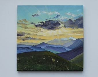 Cloudy Sky, Appalachian, Great Smoky Mountains, Sunny sky, mountain view painting, sunshine, Sun rays, Sunset sky, Landscape Painting