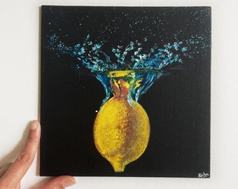 Lemon Painting on canvas, Still Life Painting, Yellow fruit painting, Food painting, Kitchen decor,Dining room decor, Citron painting,