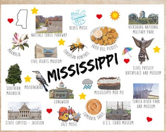 Op de afbeelding: Een kleurrijke illustratie van bezienswaardigheden en culturele iconen uit Mississippi. De illustratie toont een kaart van Mississippi, een magnolia-bloem, een spotvogel, een staatscapitolgebouw, een bluesmuzieksymbool, gefrituurde dille-augurken, een Europese honingbij, een Mississippi-moddertaart, een U.S.S. Cairo-museum, een Tunica River Park, een Vicksburg National Military Park en de geboorteplaats en het museum van Elvis Presley.