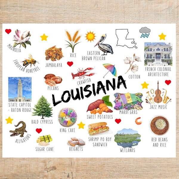 Louisiana Themes and Landmarks Postcard Without the State Flag Background | 1 Postcard | For postcard exchanging and pen pals!