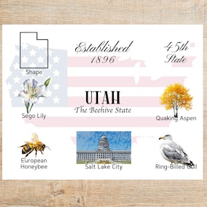 May include: A graphic illustration of the state of Utah, featuring the state's shape, nickname, and state flower, the Sego Lily. The illustration also includes the state's established date, 1896, and its ranking as the 45th state. Other images include the state bird, the Ring-billed Gull, the state insect, the European Honeybee, and the state capitol building in Salt Lake City.