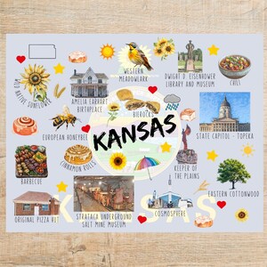 Cartão postal com temas e marcos do Kansas | 1 cartão postal ou cartão postal | Cartão grosso | Para enviar uma nota a um amigo | Bandeira do estado do Kansas