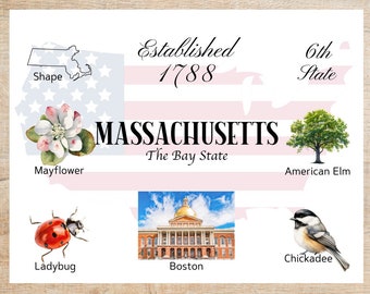 postales du Massachusetts thèmes et points de repère | 1 carte postale | Papier cartonné épais | Pour envoyer une carte postale à un ami