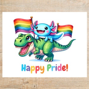 Feliz Orgulho! - Cartão Postal Axolotl e T-Rex | 1 Cartão Postal | Bandeira do arco-íris de celebração em cores junho dinossauro