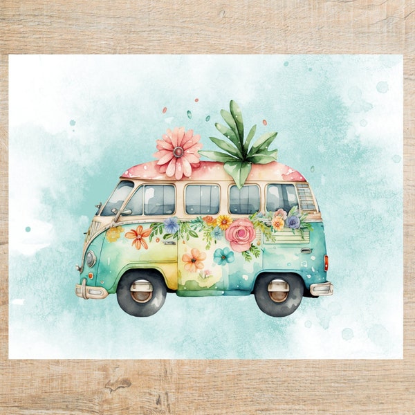 Flower Bus Postcard | 1 Postcard | Thick Cardstock | Lovely flower power bus image. Great for postcard exchanges or sending to a pen pal!