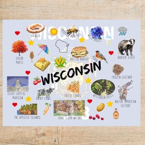 Cartão postal de Wisconsin | 1 cartão postal | colorido | vacas leiteiras cultura nativa americana dells ilhas apóstolo queijo de texugo kringle manteiga hambúrgueres
