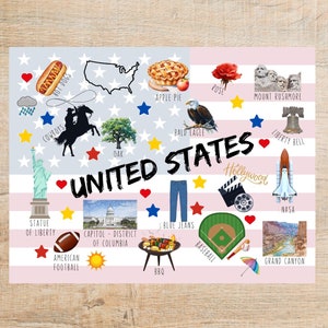 Cartolina USA / 1 cartolina / a colori / stati uniti d'america hollywood monte rushmore grand canyon nasa statua della libertà baseball