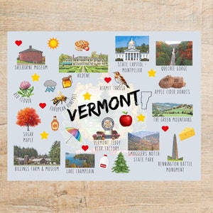 postale du Vermont, thèmes et points de repère | 1 carte postale ou carte pour correspondance | Papier cartonné épais | Pour envoyer un message à un ami