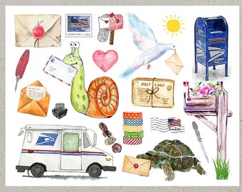 Watercolor Mail Collage Postcard | 1 Postcard | Thick Cardstock | doodle mail collage snail bird turtle water color truck delivery package