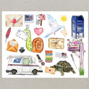 Postal de collage de correo con acuarela / 1 postal / Cartulina gruesa / Collage de correo con garabatos, caracol, pájaro, tortuga, camión de entrega en acuarela