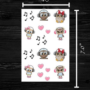 Feuille d'autocollants hiboux musicaux - La feuille mesure environ 4,5 x 19 cm - Les autocollants mesurent environ 2,5 cm de large - Parfait pour les correspondants, les cartes postales