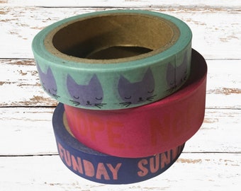 Funday Sunday Washi Tape | Set of 3 rolls of washi tape | fun day cat nope sunday pink purple teal red blue