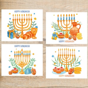 Ensemble de cartes postales de Hanoucca | 4 cartes postales | Papier cartonné épais 130 | menorah, desserts, cadeaux, dreidel, vase, joyeuse hanoukka, fête juive,