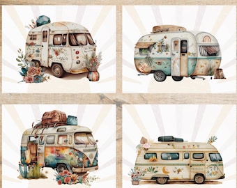 Jeu de cartes postales Boho Campers | 4 cartes postales | Papier cartonné épais | Idéal pour échanger des cartes postales comme Postcrossing et envoyer un mot à un ami !