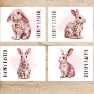 May include: Four Easter greeting cards featuring watercolor illustrations of rabbits with floral patterns. Each card has the text "HAPPY EASTER" in a vertical orientation. The rabbits are in shades of pink, white, and gray.