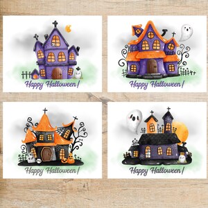 Cute Haunted Houses Postcard Set | 4 Postcards | Thick Cardstock | For Postcard Exchanges like Postcrossing or sending notes to friends.