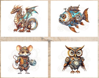 Set di animali Steampunk 1 / 4 Animali Steampunk / Set di 4 cartoline / Pesce Gufo Topo Drago / Perfetti per lo scambio di cartoline e per posta ordinaria!
