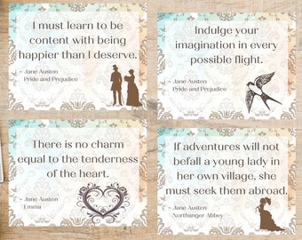 Jane Austen Literary Quotes | 4 Postcard Set | Thick Cardstock | For sending a postcard to a friend or postcard exchanges