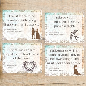 Citazioni letterarie di Jane Austen / Set di 4 cartoline / Cartoncino spesso / Per inviare una cartolina a un amico o per scambi di cartoline