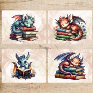 Books and Dragons Postkarten Set | 4 Postkarten | 130 Dicker Karton | Für Briefpost, Postkartenbörse und den Versand von Postkarten