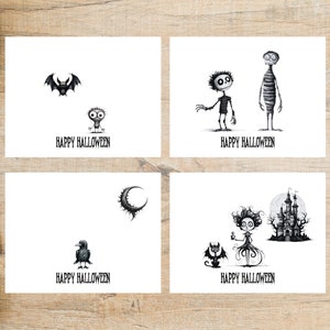 Set de cartes postales effrayantes d'Halloween | 4 cartes postales | Papier cartonné épais 130 | Idéal pour échanger des cartes postales ou envoyer une carte à un ami !