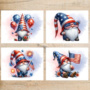 Conjunto de cartões postais de gnomos de 4 de julho | 4 cartões postais | dia da independência, 4 de julho, fogos de artifício, estátua da liberdade, gnomos