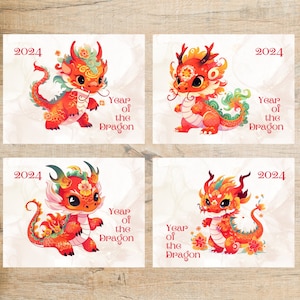 Lot de cartes postales L'année du dragon 2024 | 4 cartes postales | Papier cartonné épais